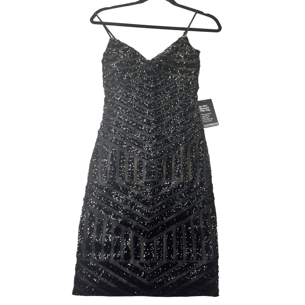 EXPRESS Black Sequin Chevron V Neck Spaghetti Strap Party Dress Size 4 NWT